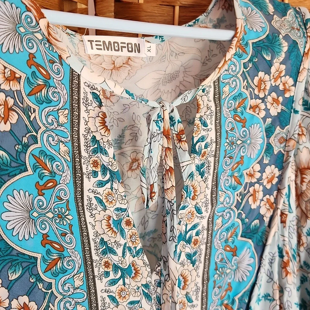 Temofon, Bohemian Teal, Blue, Brown, Floral Fall, Spring Longsleeve Dress Sz XL - Picture 5 of 10